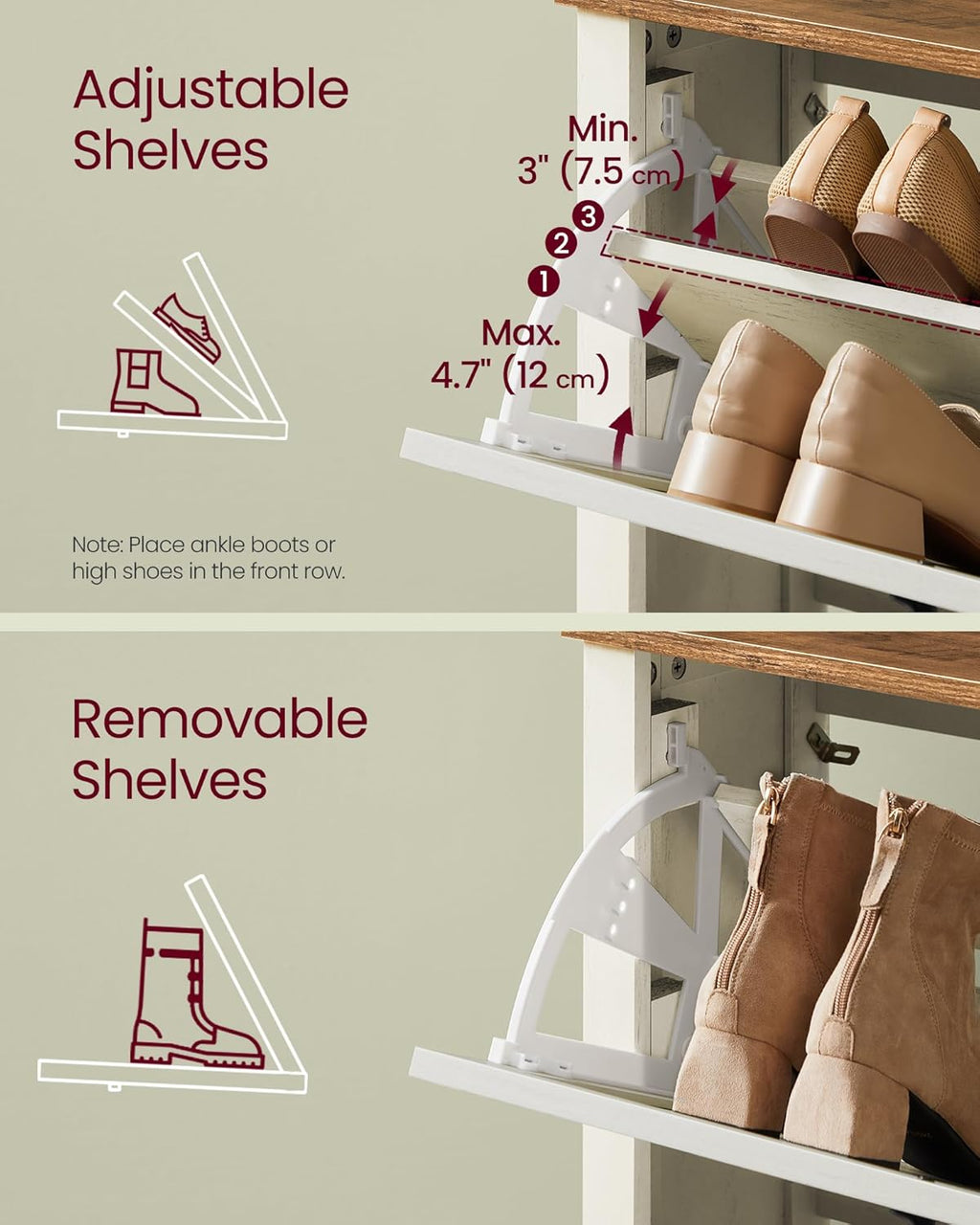 VASAGLE LIRY Collection - Shoe Storage Cabinet Organizer with 2 Flip Drawers, Freestanding Narrow Shoe Rack Cabinet for Entryway, Farmhouse Style, Fits 12 to 16 Pairs, Rustic White UHSC201W01
