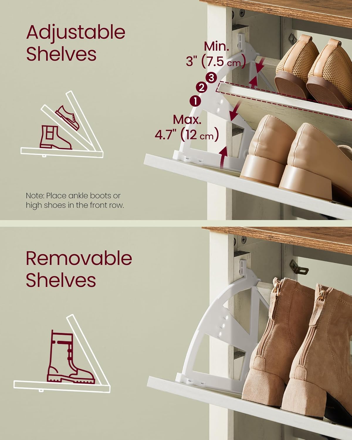 VASAGLE LIRY Collection - Shoe Storage Cabinet Organizer with 2 Flip Drawers, Freestanding Narrow Shoe Rack Cabinet for Entryway, Farmhouse Style, Fits 12 to 16 Pairs, Rustic White UHSC201W01