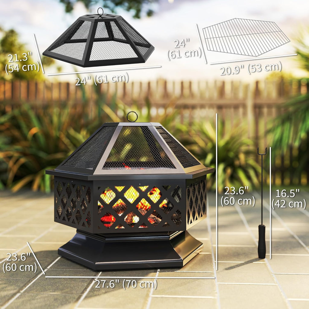 Outsunny 28" Outdoor Fire Pit Grill, Portable Wood Burning Firepit for Outside with Cooking Grate, Fire Poker, Spark Screen Lid, Steel Hexagon Fireplace for Patio Bonfire Backyard BBQ Camping Picnic