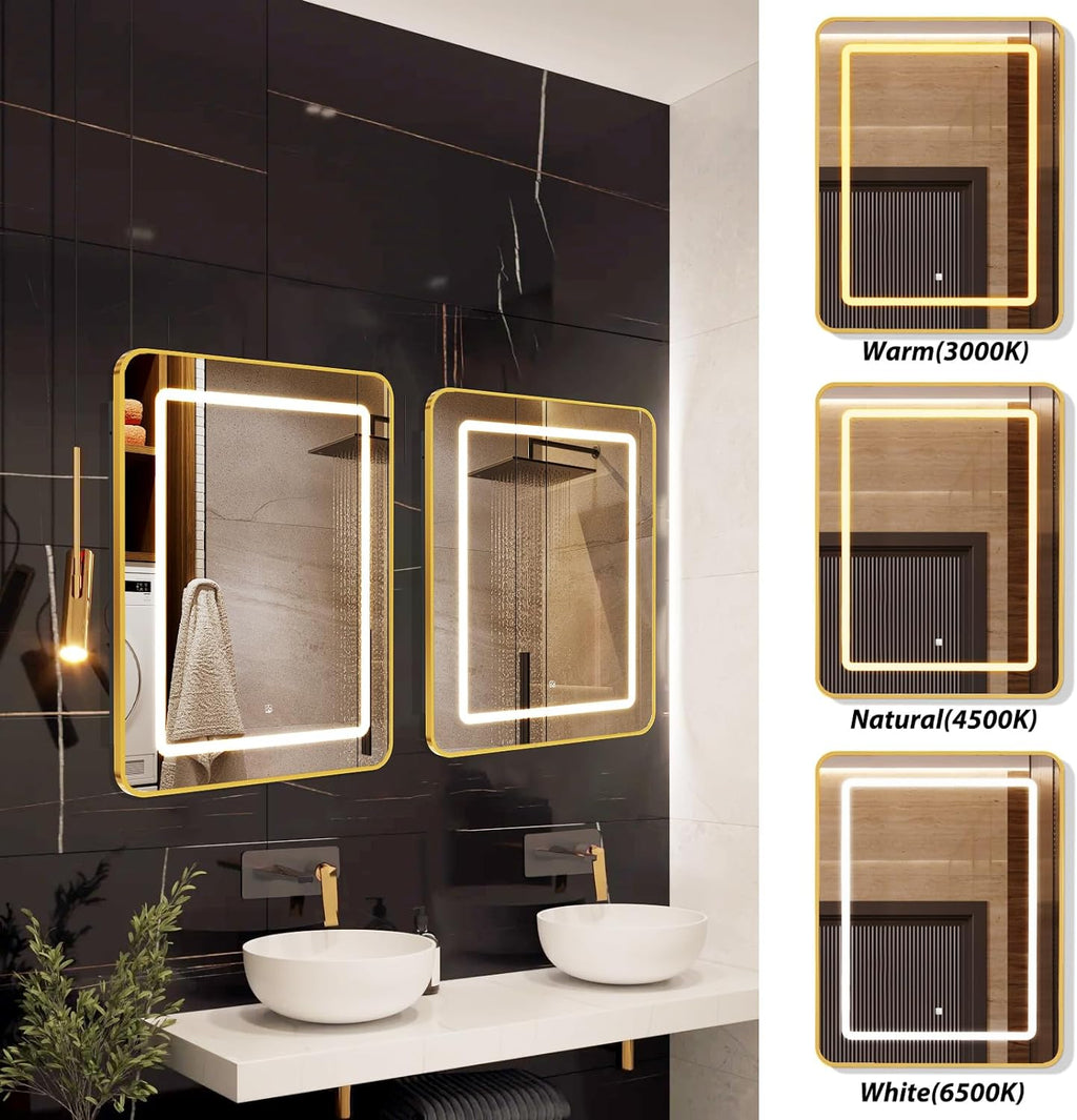 APRILSOUL 24X30 Inch Gold Bathroom Medicine Cabinet with Mirror, Recessed or Surface Lighted Medicine Cabinet with 3 Colors Temperature, Dimmable Light