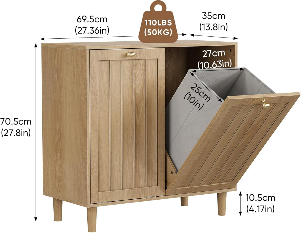 Double Tilt Out Laundry Cabinet,Natural Oak Fluted Finish, Smooth Tilt-Out Hidden Storage, Multi-Functional Organizer for Laundry Room Bathroom Kitchen Utility Space