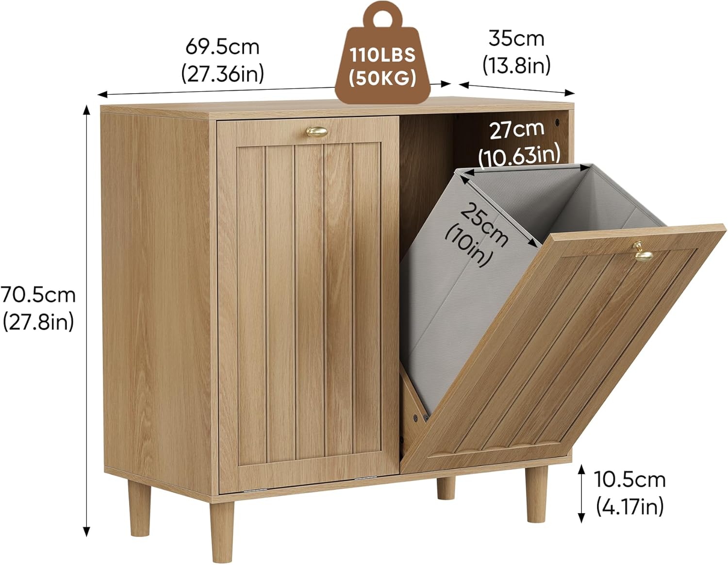 Double Tilt Out Laundry Cabinet,Natural Oak Fluted Finish, Smooth Tilt-Out Hidden Storage, Multi-Functional Organizer for Laundry Room Bathroom Kitchen Utility Space