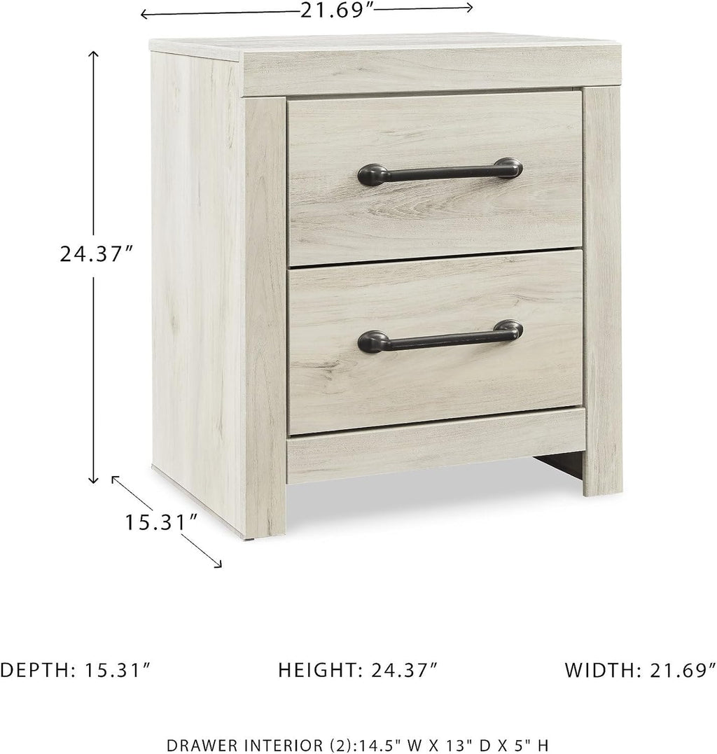Signature Design by Ashley Cambeck Farmhouse Industrial 2 Drawer Two Drawer Nightstand with 2 Slim-Profile USB Charging Stations, 24.37" Tall, Whitewash