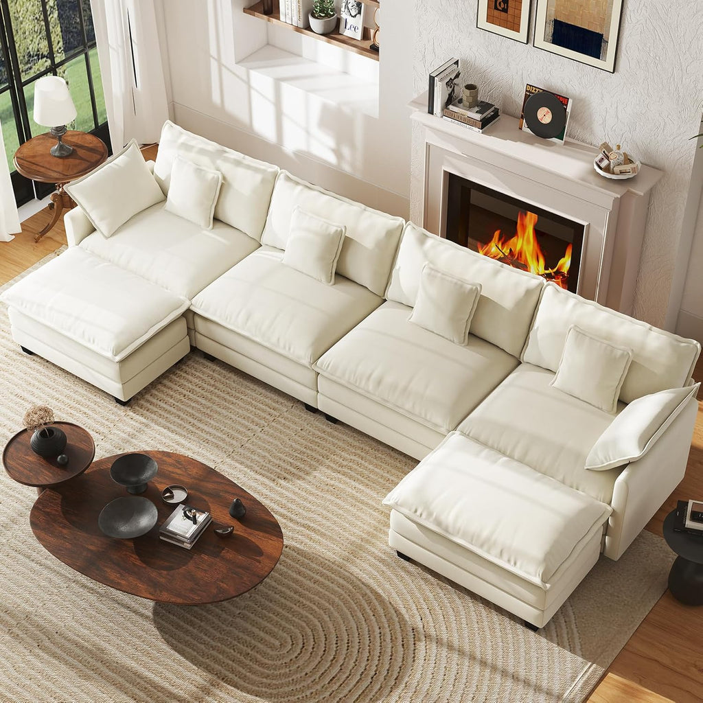 WorthFurni 146” Oversized Modular Sectional Sofa, U Shaped Cloud Couch Set, 4-Seater Comfy Chenille Couches with 2 Movable Ottomans, DIY Combination for Living Room （Beige）