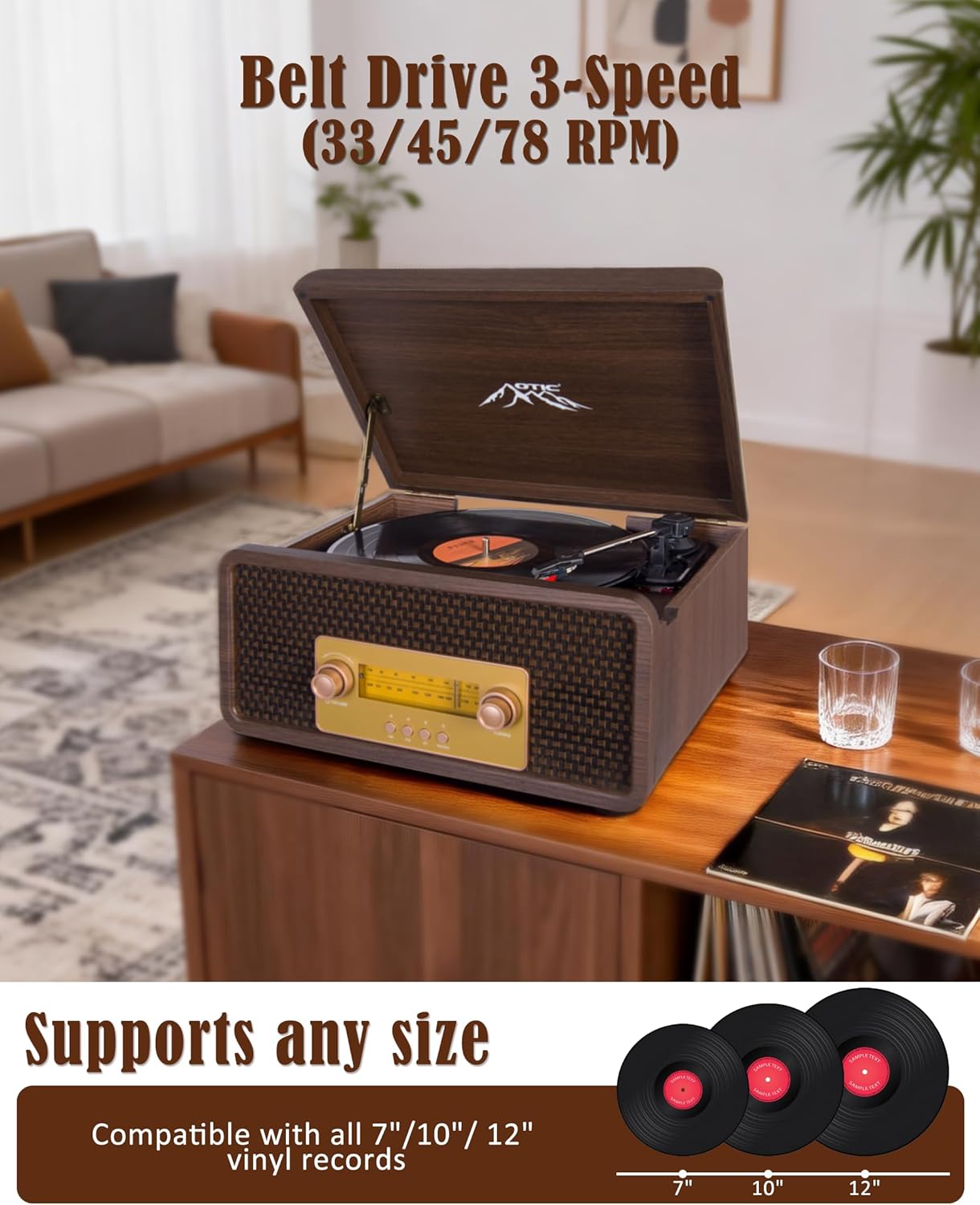 OTIC All-in-One Vinyl Record Player with Speakers, 3-Speed Turntable, Bluetooth Wireless Playback AM/FM Radio Aux-in, Auto-Stop Retro Wooden Design Home Audio&Gift for Music Lovers