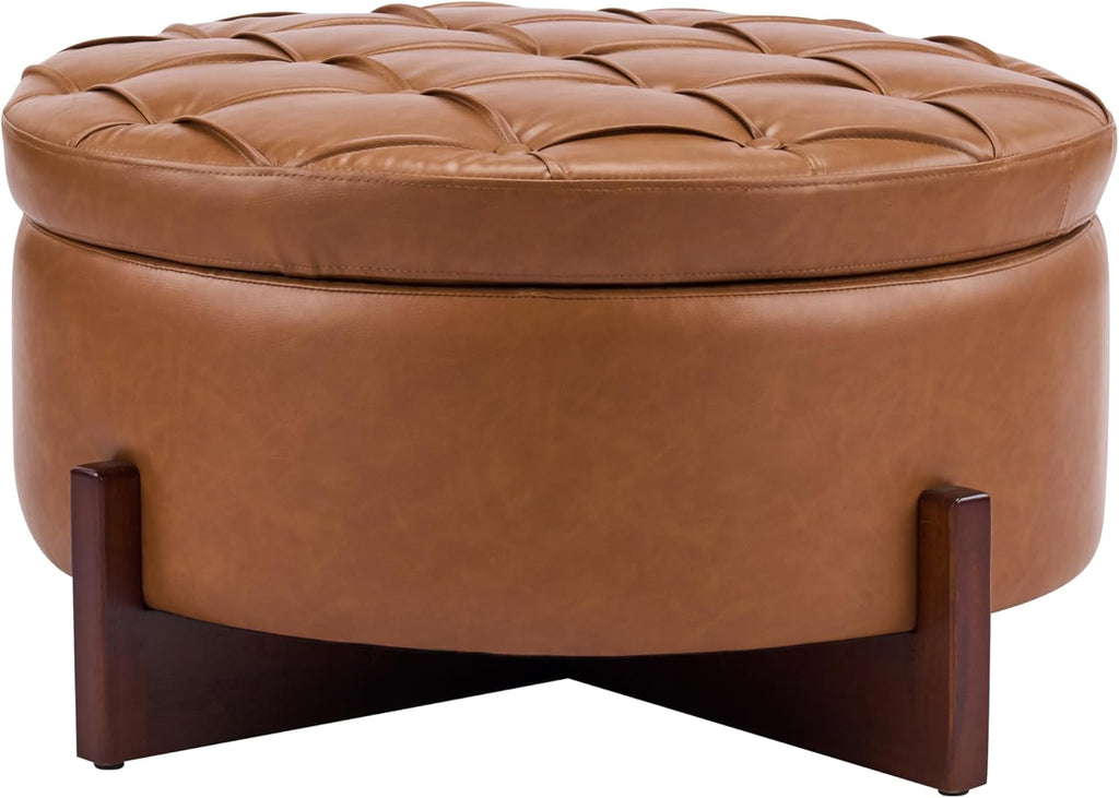 Christopher Knight Home 32" Round Storage Ottoman with Reversible Wooden Lid, Faux Leather Tufted Coffee Table, 2-in-1 Storage Ottoman, Hidden Storage Compartment, Solid Rubber Wood Base, Brown