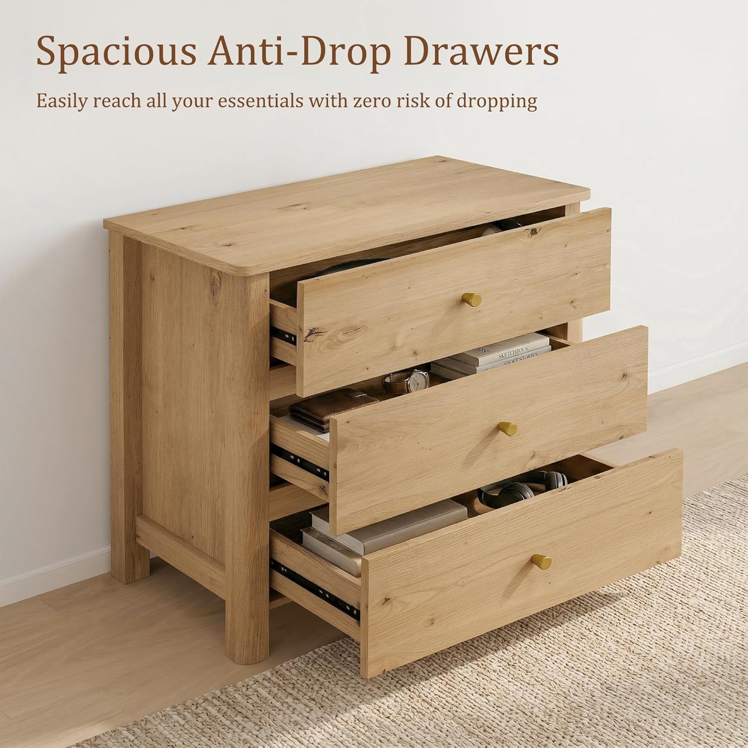 Large Oak Wood Nightstand with 3 Drawers, 27" Tall Modern Mid Century Bedside Table for King & Queen Beds, Sturdy Dresser Nightstand for Bedroom, Natural Grain