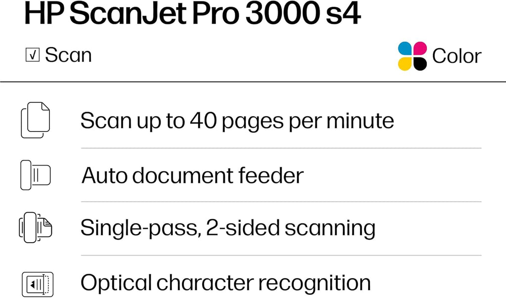 HP ScanJet Pro 3000 s4, Fast 2‑Sided Scanner with Auto Document Feeder, Best for Small Business (6FW07A)
