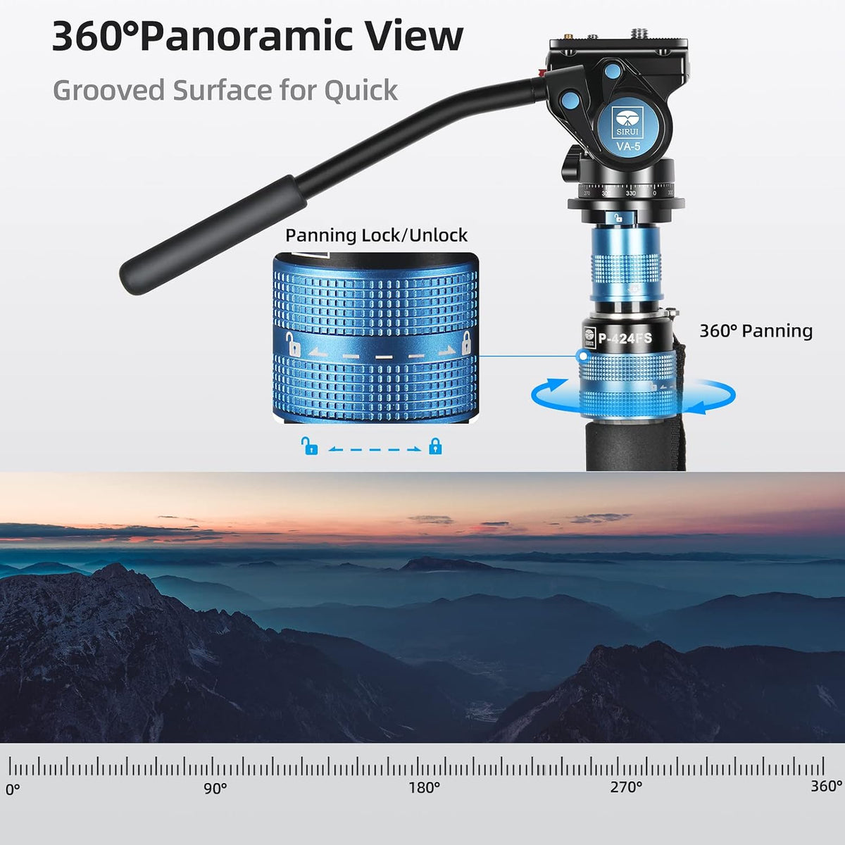 SIRUI P-424FS Carbon Fiber Camera Monopod Kit, 66.3" Heavy Duty Professional Video Monopod with VA-5 Fluid Video Head, Tripod Base, Flip Locks for DSLR Camera
