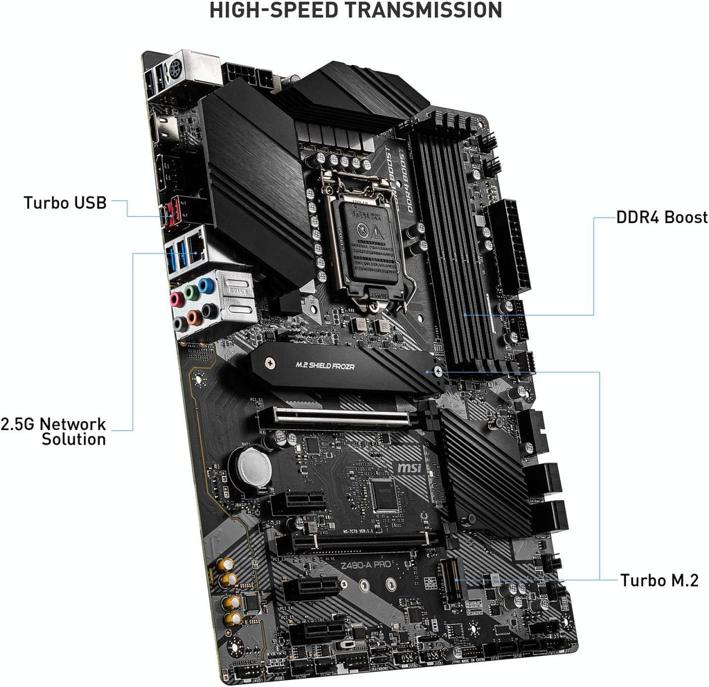 MSI Z490-A PRO ProSeries ATX Motherboard (10th Gen Intel Core, LGA 1200 Socket, DDR4, Dual M.2 Slots, USB 3.2 Gen 2, 2.5G LAN, DP/HDMI)