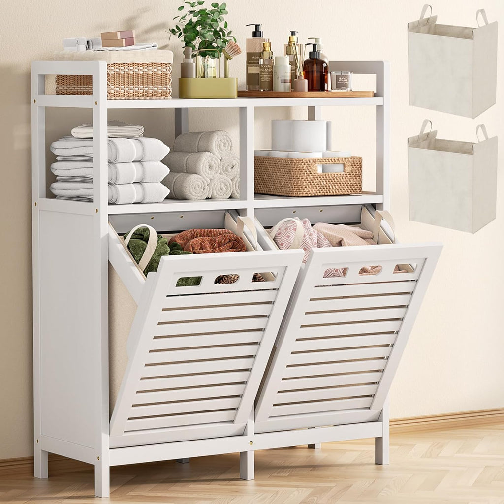 Homykic Tilt Out Laundry Hamper Cabinet, Bamboo Double Laundry Hamper with 2 Removable Laundry Baskets, 20 Gal Laundry Sorter Organizer with Shelf for Dirty Clothes, Bathroom, Laundry Room, White