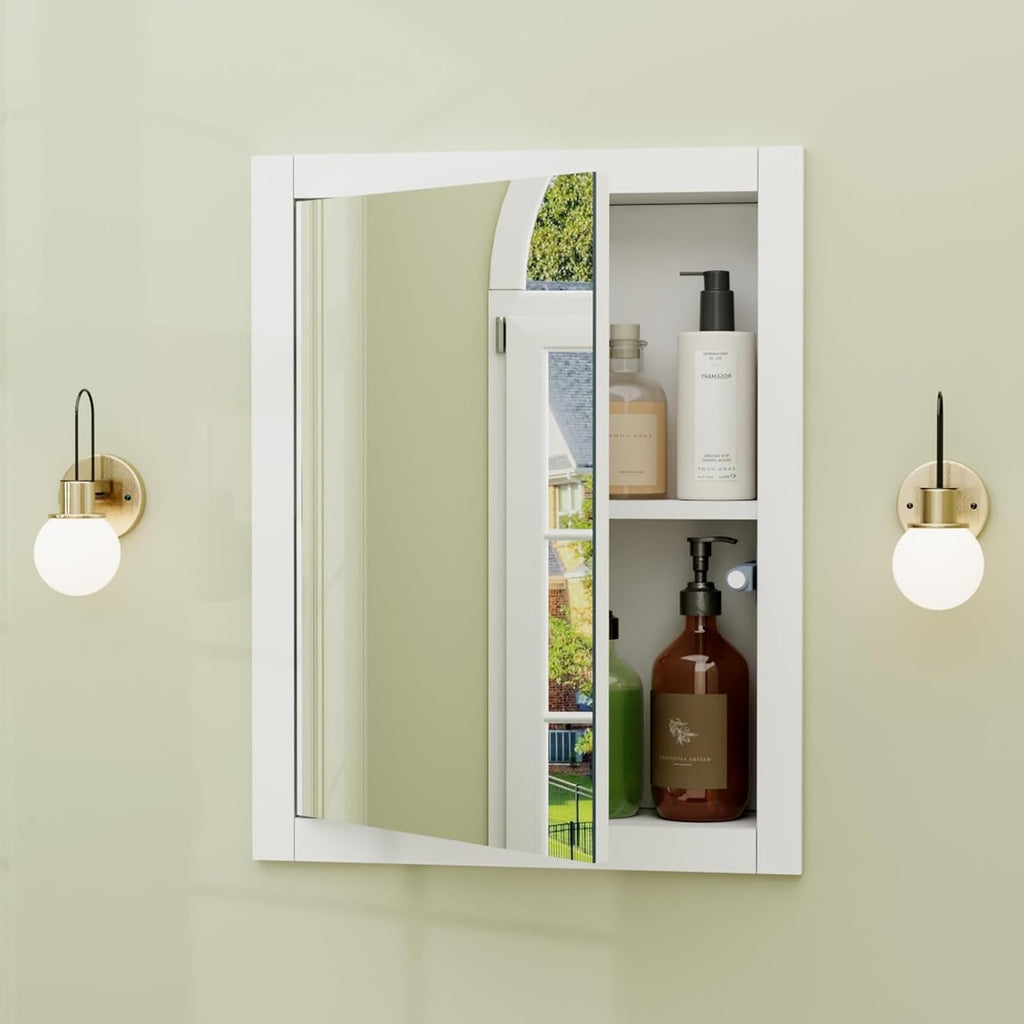 14'' * 18'' Recessed Medicine Cabinet with Mirror, 2-Tier Bathroom Wall Niche Wood Insert for Drywall, in Wall Shelf Medicine Cabinets Replacement, for Living Room, Bathroom Storage, White