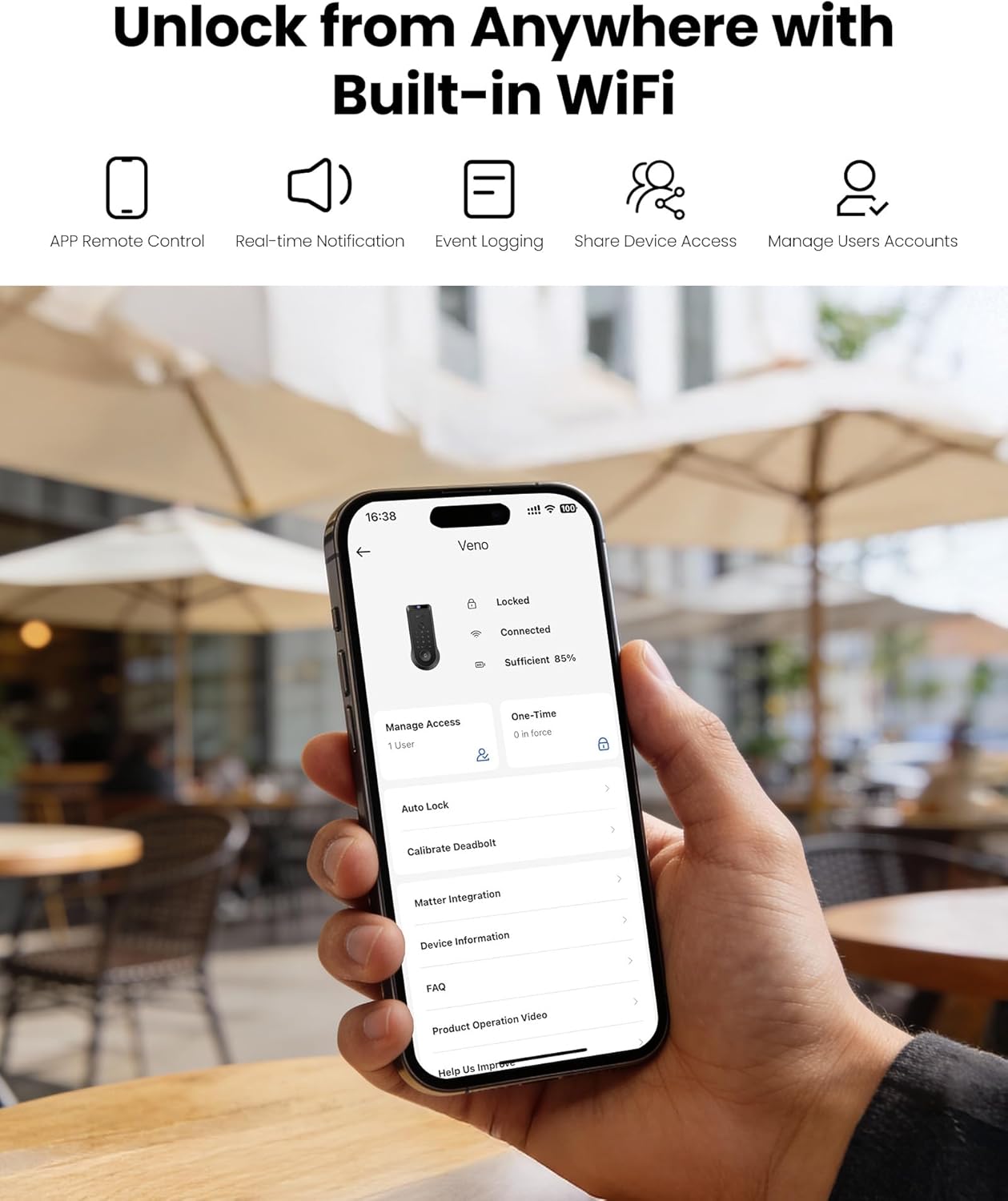 Lockin Veno Smart Lock with Palm Vein, Keyless Entry Smart Locks for Front Door with Doorbell, Fingerprint Lock Built-in WiFi, App Remote Control, 7-Month Battery Life, IP65 Waterproof