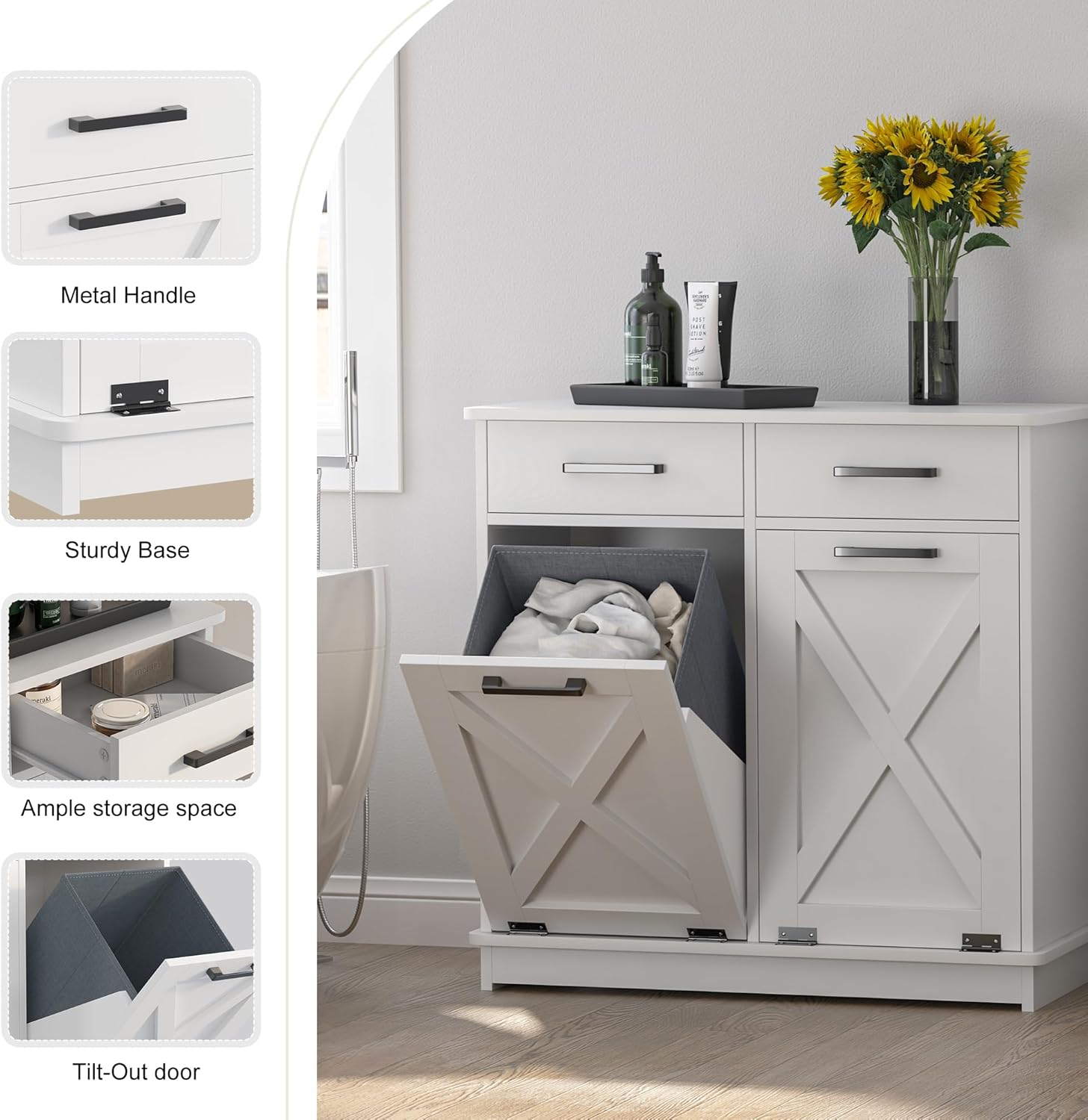 White Double Tilt Out Laundry Hamper Cabinet Laundry Basket Cabinet Hidden Laundry Hamper with 2 Drawers & 2 Baskets for Bathroom,30x30x16in（Barn Door Panel）