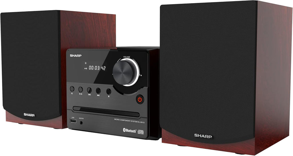 Sharp XL-B512 Micro Component Wireless Bluetooth Audio Streaming & CD Player Wood Speaker System + Remote, USB Port, MP3 Playback, FM Stereo Digital Tuner, Aux Input, Brown Oak