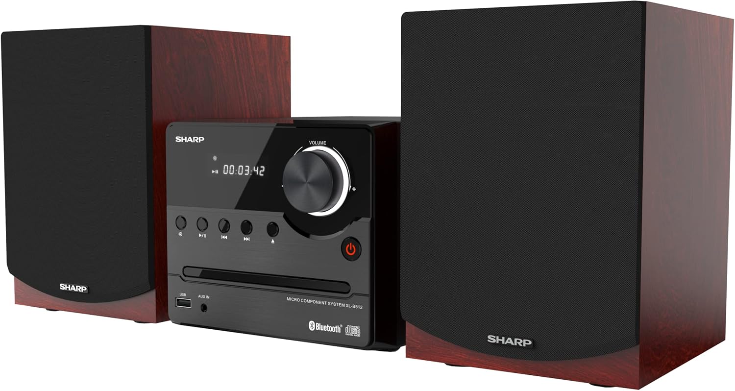 Sharp XL-B512 Micro Component Wireless Bluetooth Audio Streaming & CD Player Wood Speaker System + Remote, USB Port, MP3 Playback, FM Stereo Digital Tuner, Aux Input, Brown Oak