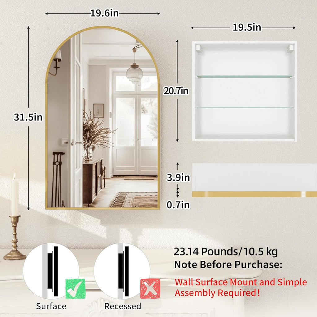 FKWin Gold Medicine Cabinet with Mirror, 20x32 Inch Surface Mount Bathroom Storage Cabinet, Wall Mounted Mirror Cabinet with Adjustable Glass Shelf, Left or Right Door Opening, Brushed Gold Finish