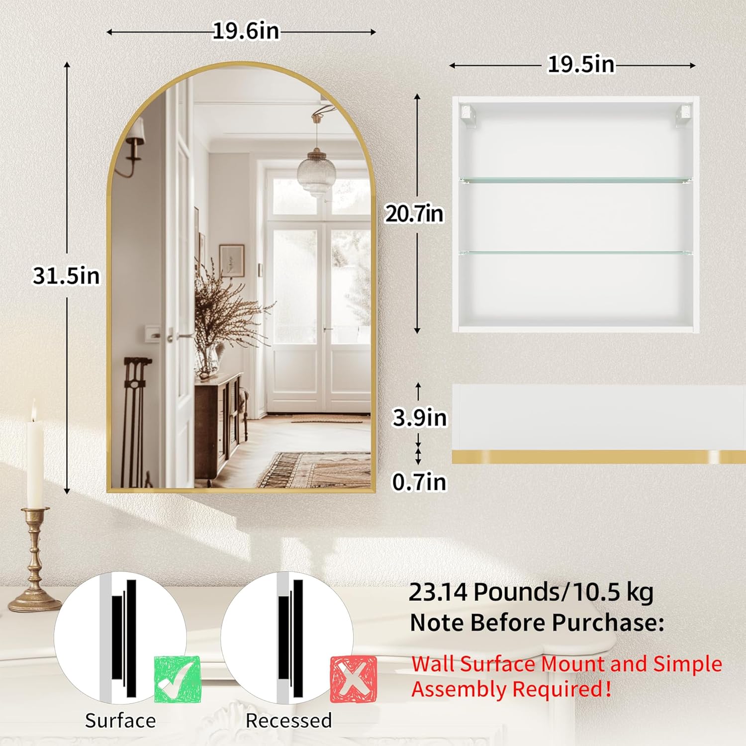 FKWin Gold Medicine Cabinet with Mirror, 20x32 Inch Surface Mount Bathroom Storage Cabinet, Wall Mounted Mirror Cabinet with Adjustable Glass Shelf, Left or Right Door Opening, Brushed Gold Finish