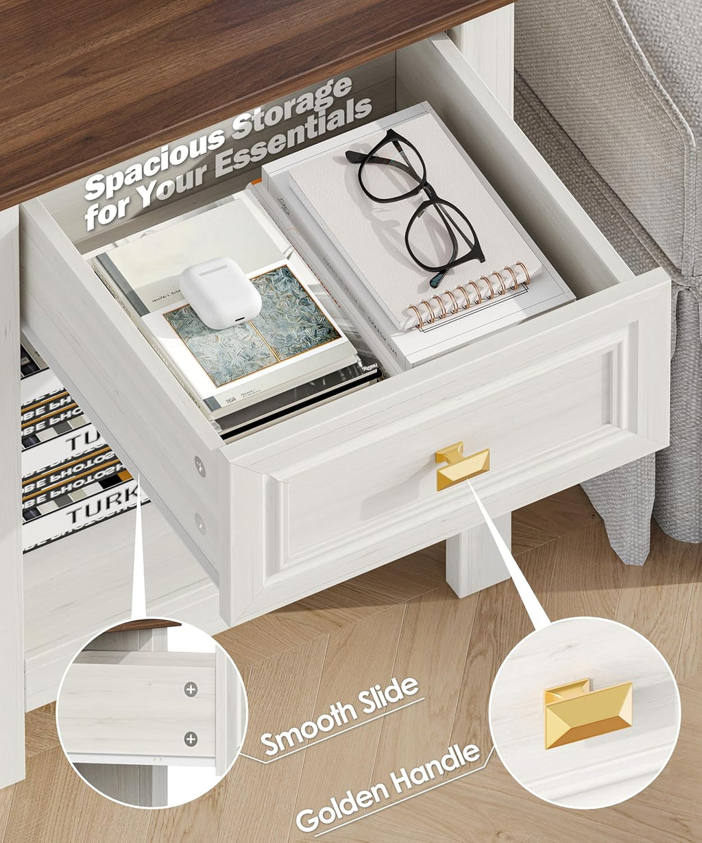 Akxomel Farmhouse Nightstands Set of 2, Night Stand with Charging Station, Wooden Side End Table with Drawer and Storage Shelf, Modern Bedside Table with Golden Handle, for Bedroom, Off White