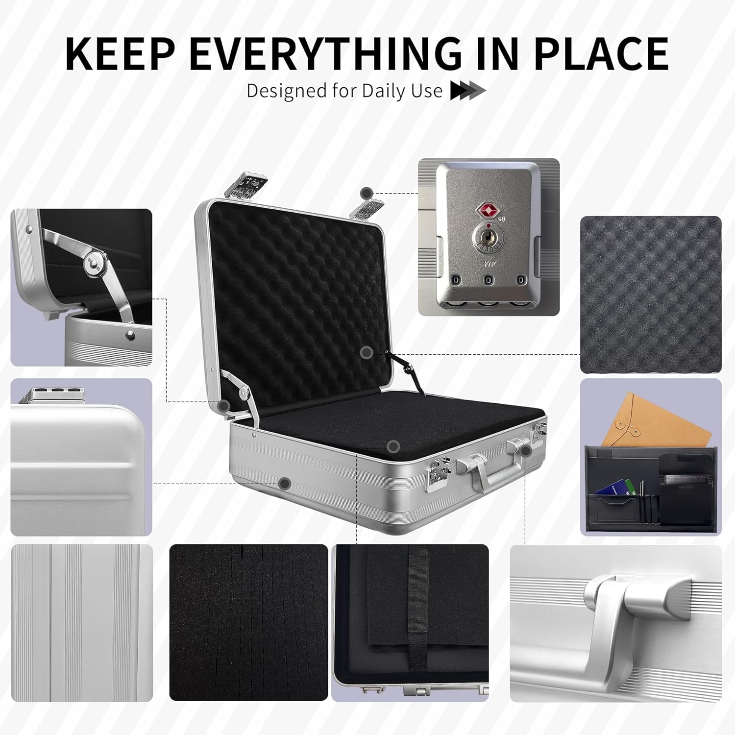 Aluminum Storage Case with Customizable Foam, 3-in-1 Modular Interior, Professional Briefcase with TSA Locks