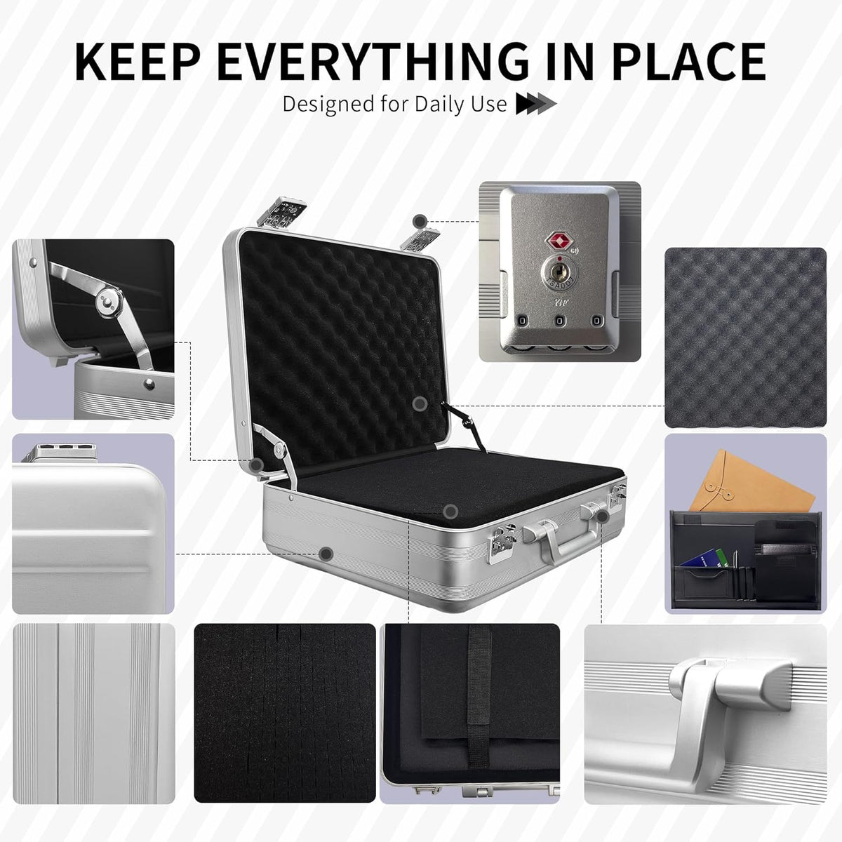 Aluminum Storage Case with Customizable Foam, 3-in-1 Modular Interior, Professional Briefcase with TSA Locks