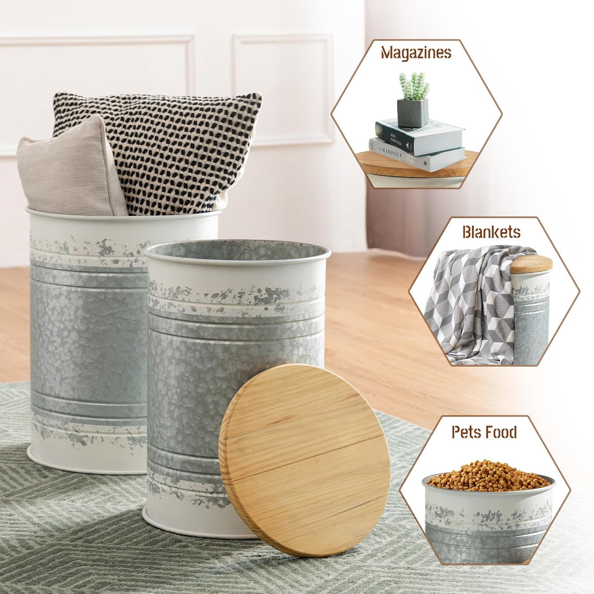 Glitzhome Rustic End Table Set of 2, Farmhouse Galvanized Metal Barrel Ottoman Storage Stool with Round Wood Lid for Living Room Furniture, Distressed White