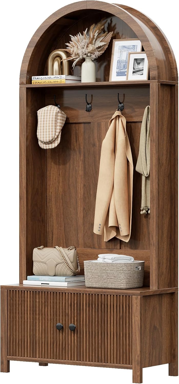Hall Tree with Bench and Shoe Storage, 4-in-1 Mudroom Entryway Coat Rack & Shoe Storage Cabinet with 4 Hooks, Farmhouse Style Furniture Organizer for Hallway, Foyer, Walnut