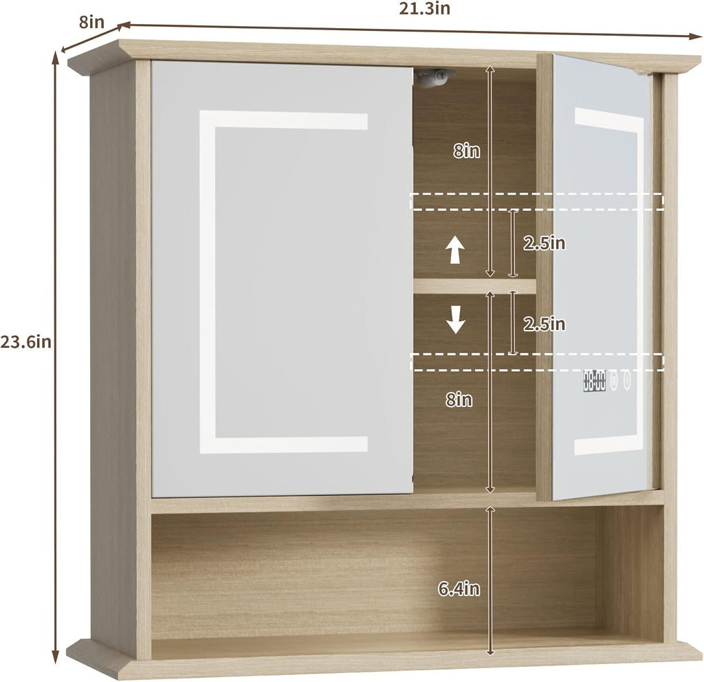 Bathroom Medicine Cabinet with Mirror, Lighted Storage Cabinet Wall Mounted with Doors & Adjustable Wood Shelf, Modern Bathroom Mirror with LED Lights Defogger for Makeup Laundry/Living Room, Oak