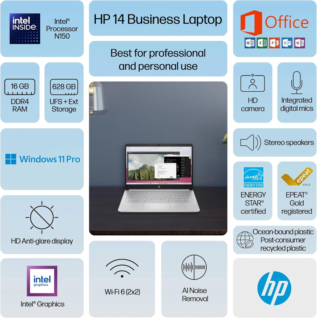 HP 14" Laptop 2025 Business Student Slim Computer, Lifetime MS Office, Copilot AI, Quad-Core Intel CPU, 16GB RAM, 628GB Storage (128GB UFS+500GB Ext), MarxsolAccessory, Wi-Fi 6, Win 11 Pro, Silver