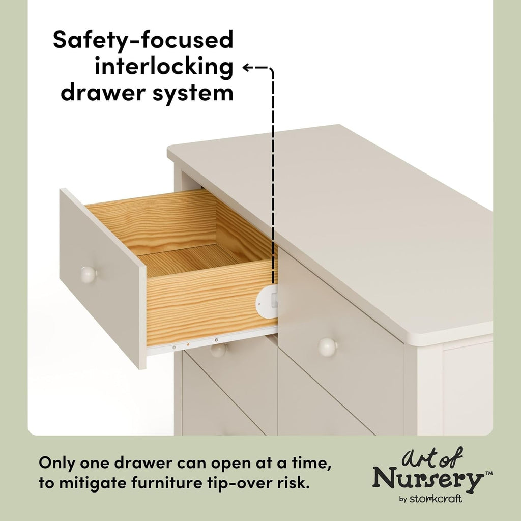 Storkcraft Rio 6 Drawer Dresser (Frosted Oat) – GREENGUARD Gold Certified, Wood Dresser for Bedroom, Kids & Nursery Storage Chest, Safety Interlocking Drawers, Pre-Installed Tracks, Kids Chest