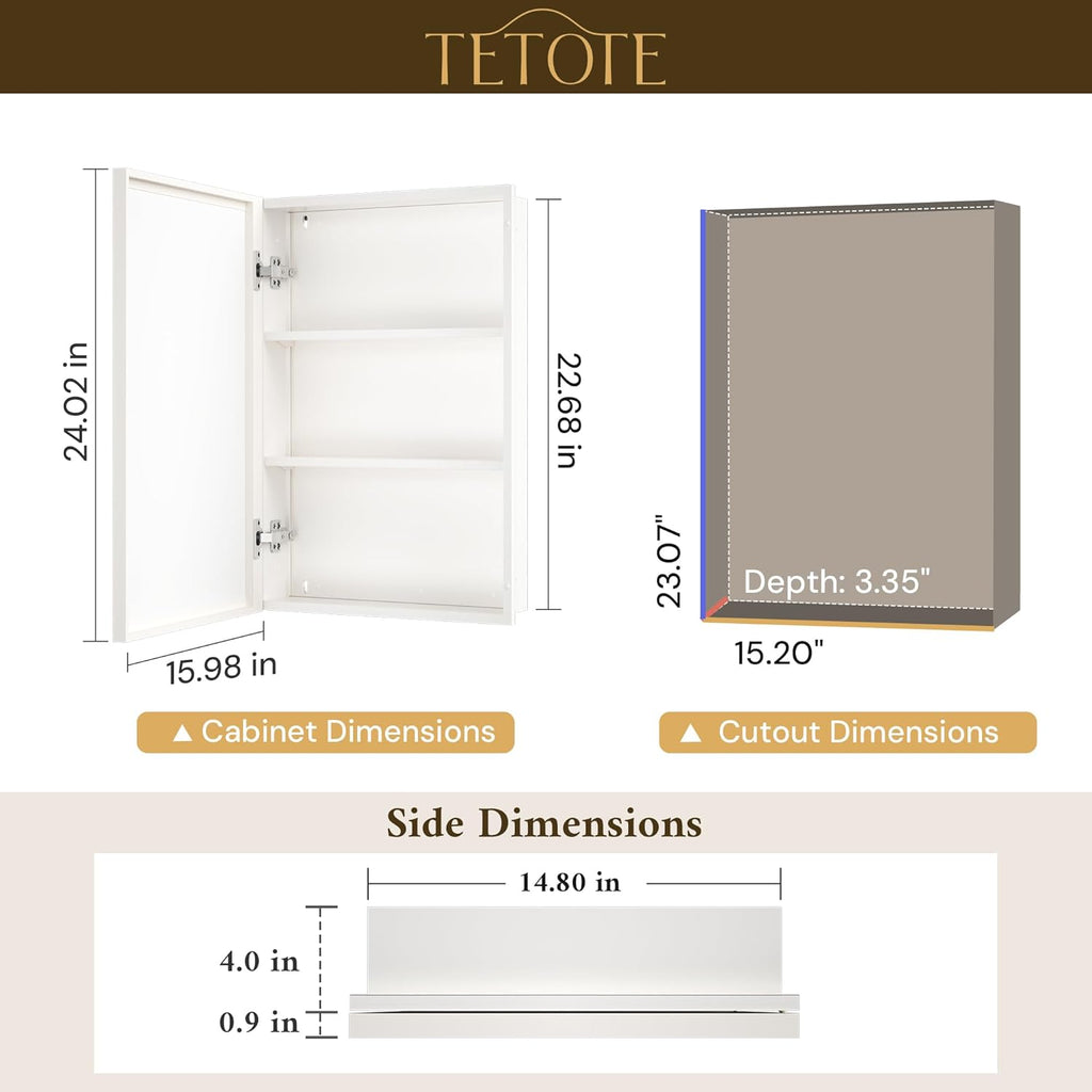 TETOTE 16" x 24" Medicine Cabinets for Bathroom with Tempered Mirror Recessed Medicine Cabinet with Aluminum Beveled Frame, Stepless Adjustable Shelves, DTC Hinge