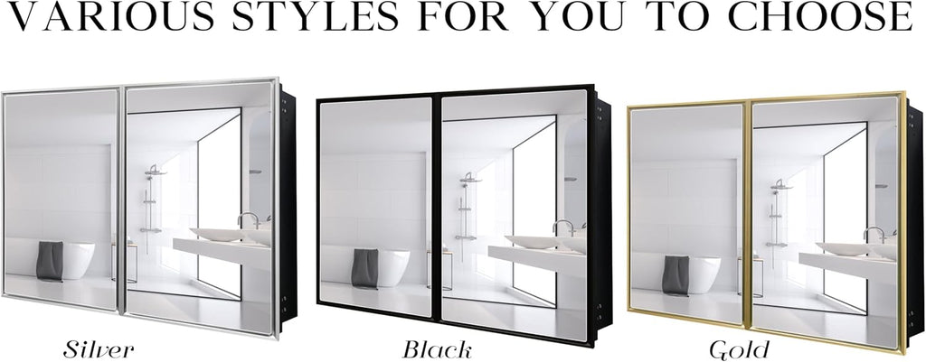 Medicine Cabinet, 36"x32" Aluminum Framed Double Door Bathroom Mirror Cabinet, Surface or Recessed Mount, Vanity Mirror with Storage, Soft Close Hinges, Detachable Glass Shelves for Bathroom