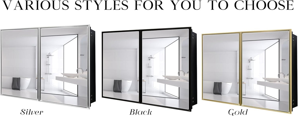 Medicine Cabinet, 36"x32" Aluminum Framed Double Door Bathroom Mirror Cabinet, Surface or Recessed Mount, Vanity Mirror with Storage, Soft Close Hinges, Detachable Glass Shelves for Bathroom
