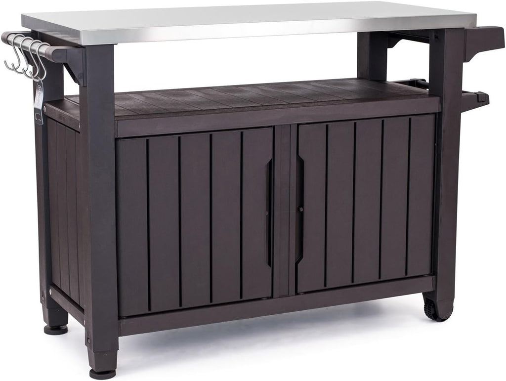 Keter Outdoor Rolling Table Cart for Food Prep, Storage, Bar & Grill, Dark Brown - Portable Kitchen Island Tabletop with Wheels for Drinks, Snacks, and Cooking