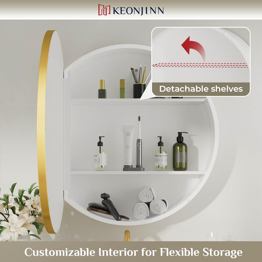 Keonjinn 26 x 26 Round Medicine Cabinets for Bathroom, Gold Surface Mount Metal Framed Medicine Cabinet with Mirror, Modern Medicine Cabinet Wall Mount Only, Farmhouse Mirrored Cabinet with Storage