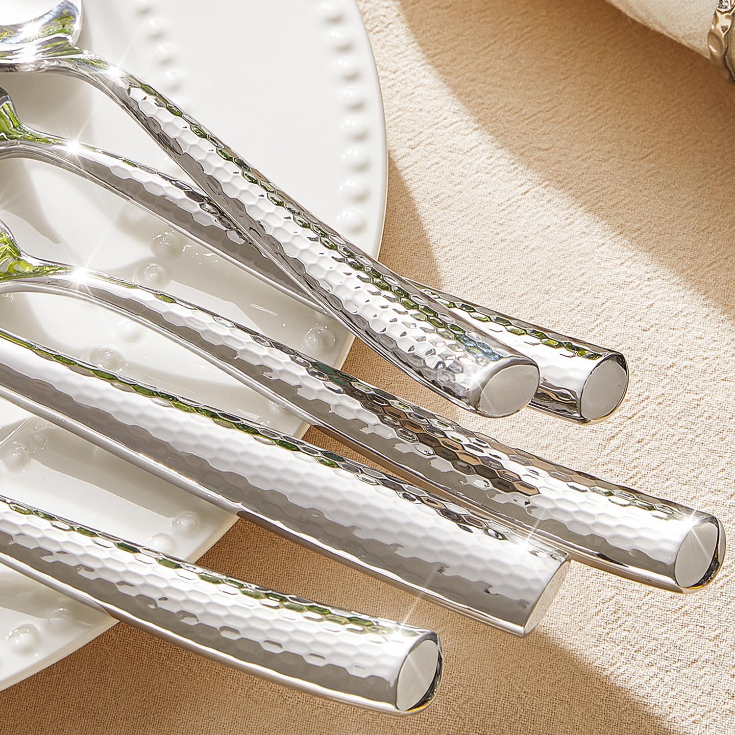 Kingstone Hammered Silverware Set, 60-Piece Flatware Set for 12, 18/10 Stainless Steel Heavy Duty Cutlery Set, Mirror Polished Utensil Sets for Home, Restaurant, Wedding, Dishwasher Safe