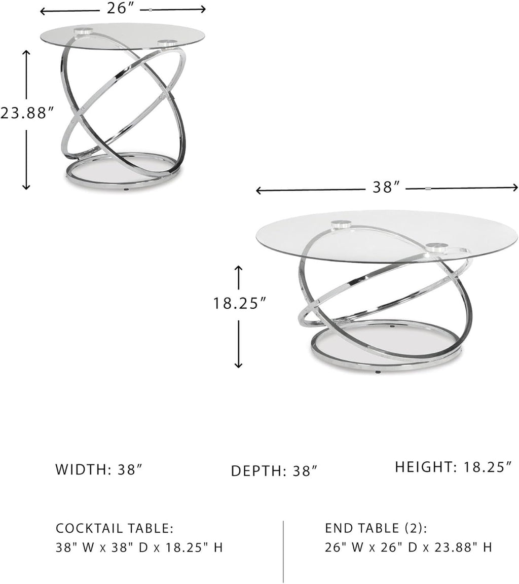 Signature Design by Ashley Hollynyx Contemporary Round 3-Piece Occasional Table Set, Includes Coffee Table and 2 End Tables, Chrome
