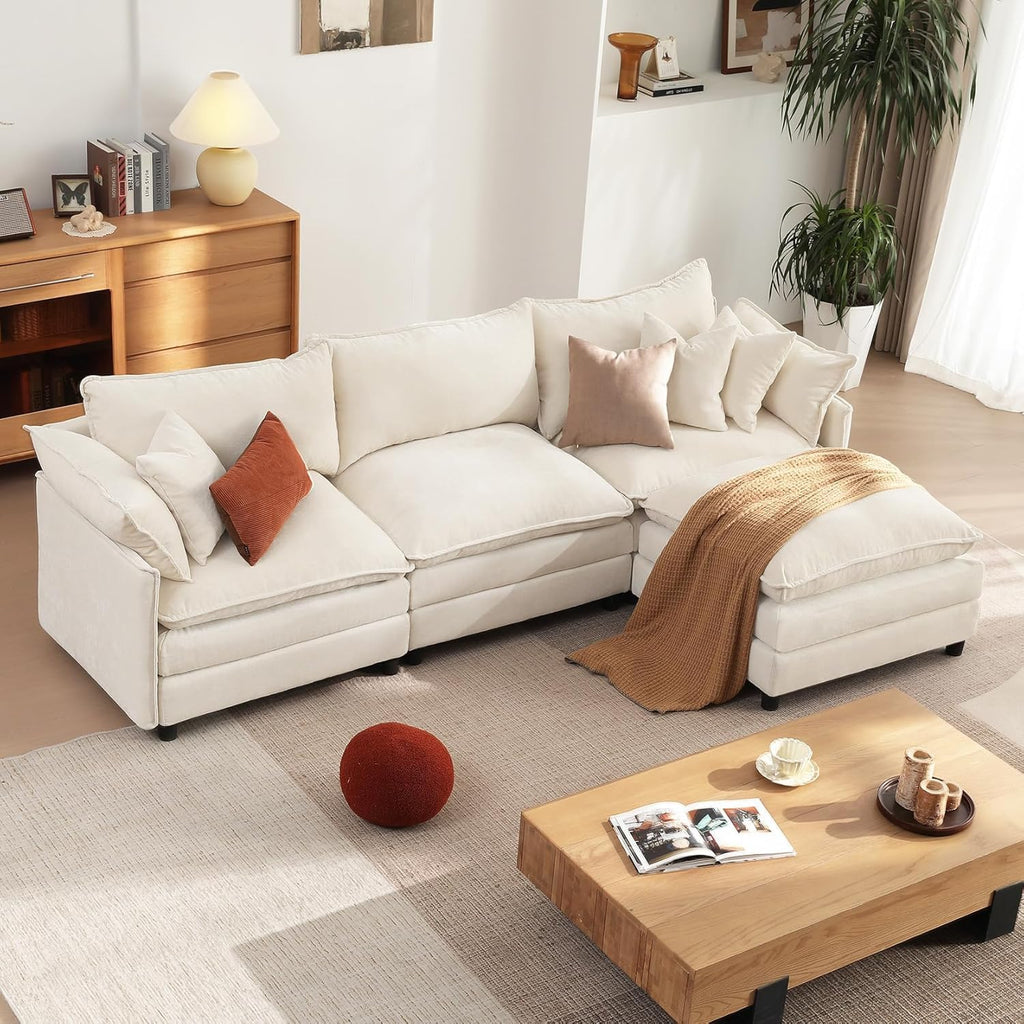 Vesgantti 108" Modular Sectional Sofa, Comfy Cloud Couch with Movable Ottoman Deep Seat Chenille L Shaped Modular Sofa, Sectional Couches for Living Room, Bedroom and Apartment, Beige