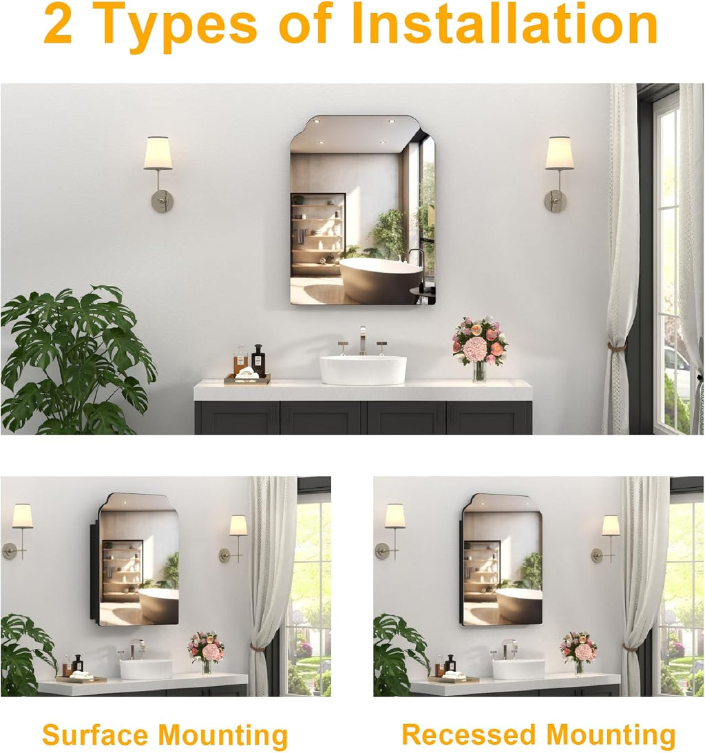 20"x26" Black Irregular Recessed Medicine Cabinet Mirror, Frameless Victorian Bathroom Decorative Mirror with Storage, Surface Mount Medicine Cabinets for Bathroom, Full Metal, 2 Removable Shelves