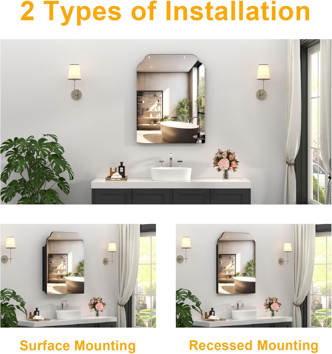 20"x26" Black Irregular Recessed Medicine Cabinet Mirror, Frameless Victorian Bathroom Decorative Mirror with Storage, Surface Mount Medicine Cabinets for Bathroom, Full Metal, 2 Removable Shelves