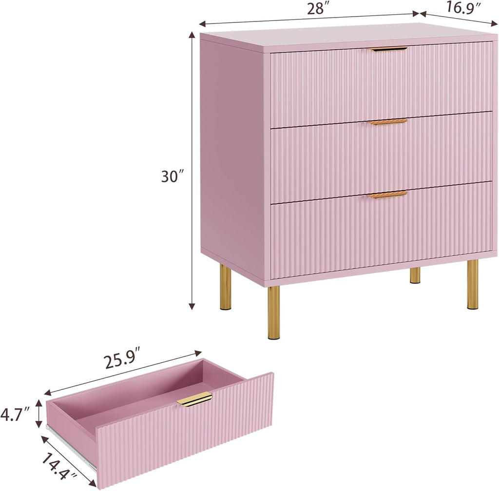 IDEALHOUSE Pink Dresser, Modern 3 Drawer Dresser for Bedroom with Gold Handle and Large Drawer, Wood Double Chest of Drawers and Storage Organizer for Living Room, Hallway, Entryway