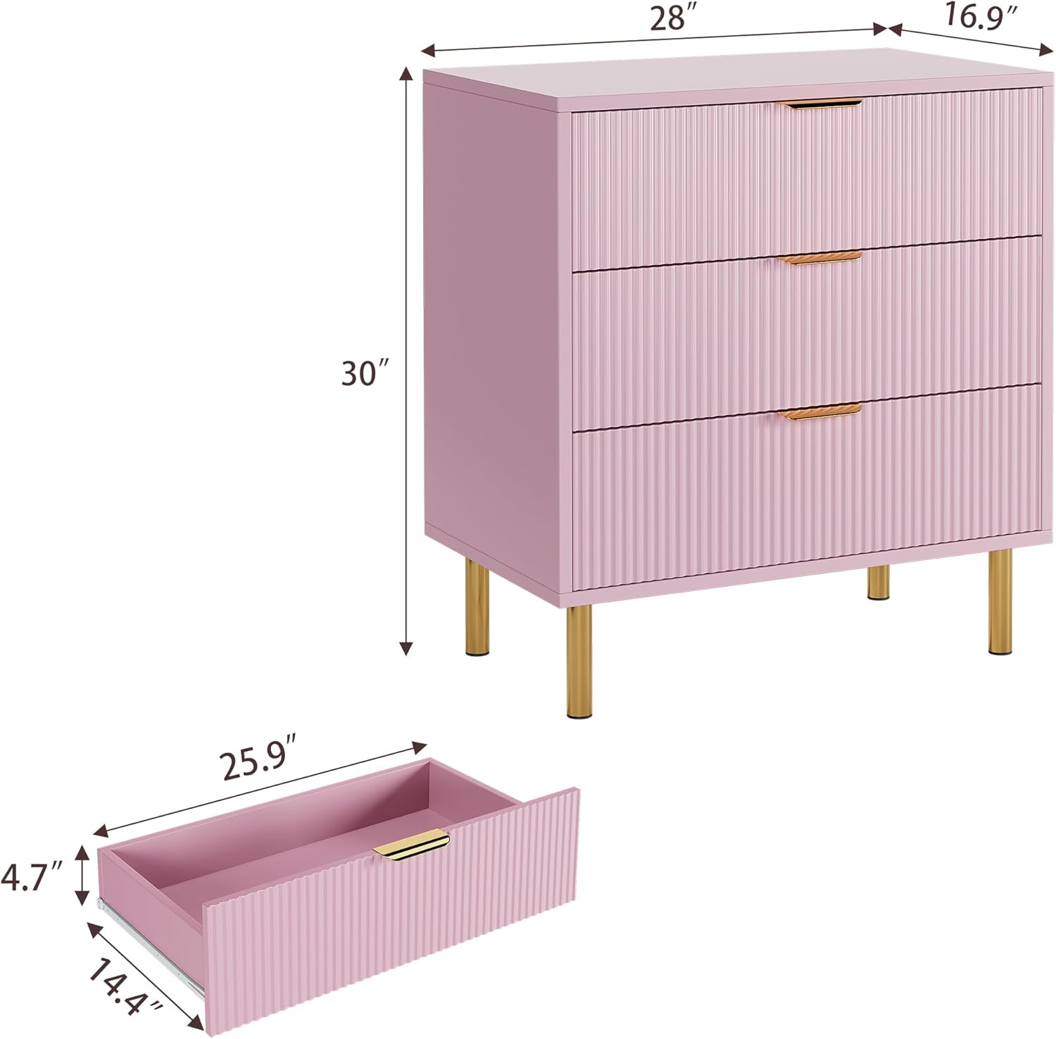 IDEALHOUSE Pink Dresser, Modern 3 Drawer Dresser for Bedroom with Gold Handle and Large Drawer, Wood Double Chest of Drawers and Storage Organizer for Living Room, Hallway, Entryway