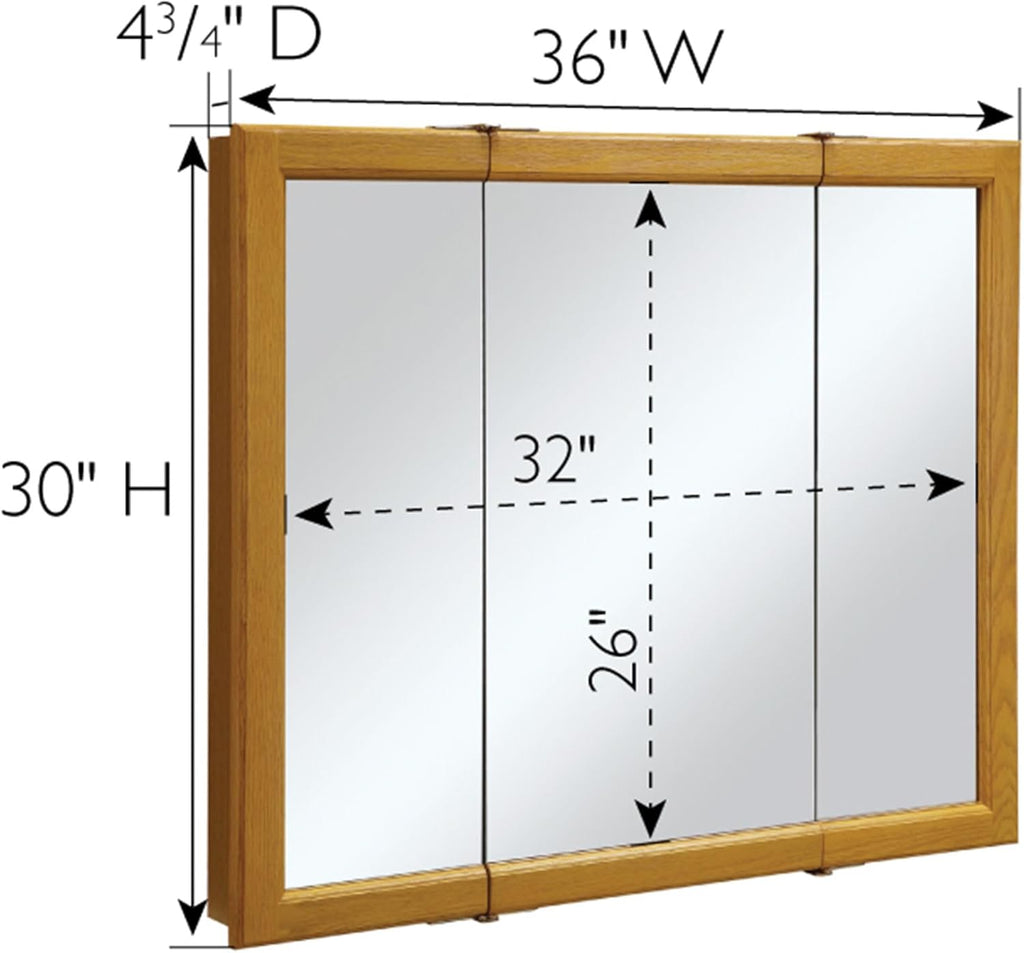 Design House Claremont Bathroom Medicine Cabinet with Mirror, 36 Inch Wall Mounted Cabinet, 3 Mirrored Doors, Honey Oak Wood Frame, Pre-Assembled, 36" W x 4.75" D x 30" H, 545285-HOK