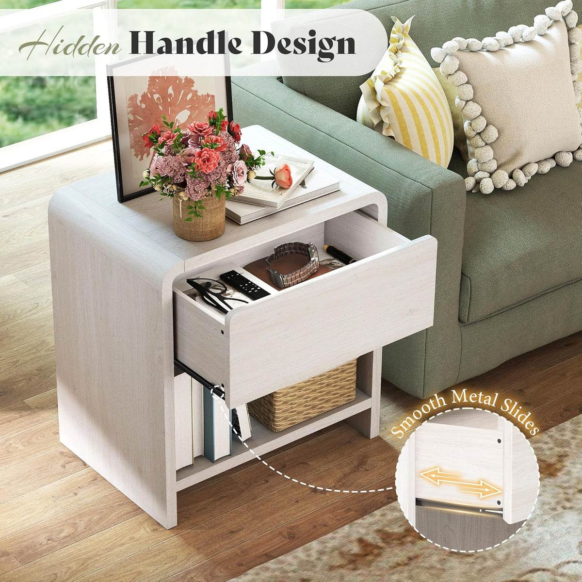 AMERLIFE Modern Night Stand Set 2 with Storage Drawer & Open Shelves, 24" Round Bedside Table Nightstand with Curved Top Corners for Bedroom Living Room Sofa Office, End Table for Small Spaces, White