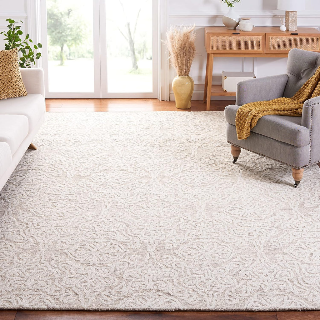 SAFAVIEH Blossom Collection Area Rug - 9' x 12', Beige & Ivory, Handmade Wool, Ideal for High Traffic Areas in Living Room, Bedroom (BLM112B)
