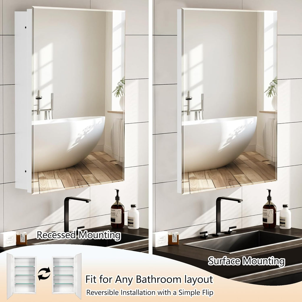 Bathroom Medicine Cabinet with 16x26 in Rectangular Beveled Frameless Mirror,Wall Mounted Mirror Cabinet for Bathroom Toilet Kitchen,Recess or Surface Mount,Already Assembly
