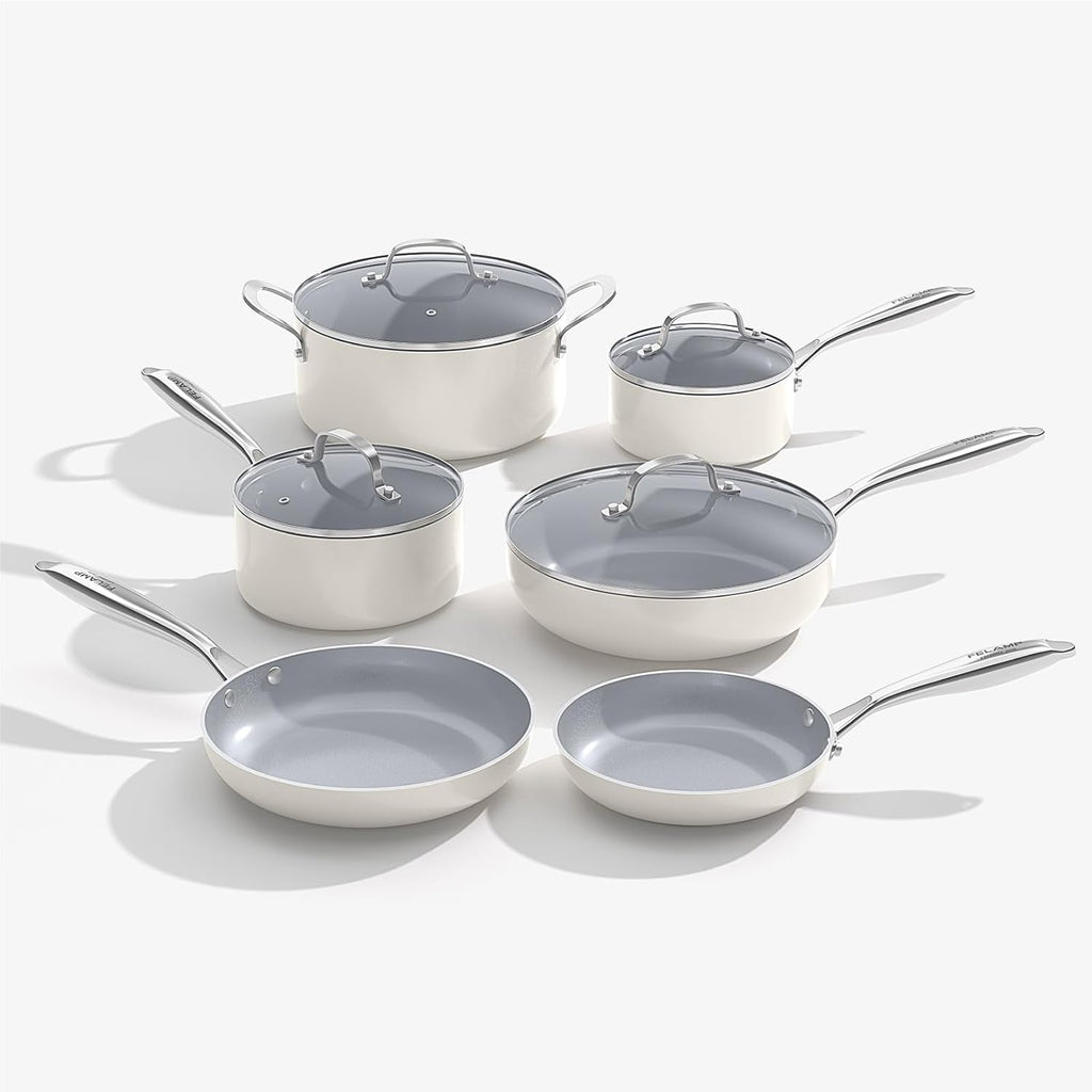 FELAMP Ceramic Nonstick Cookware Set, 10-Piece Non Toxic Pots and Pans Set with Glass Lids, PFOA-Free Healthy Kitchen Ware, Induction Compatible & Oven Safe, Easy Clean Dishwasher Safe - Cream White