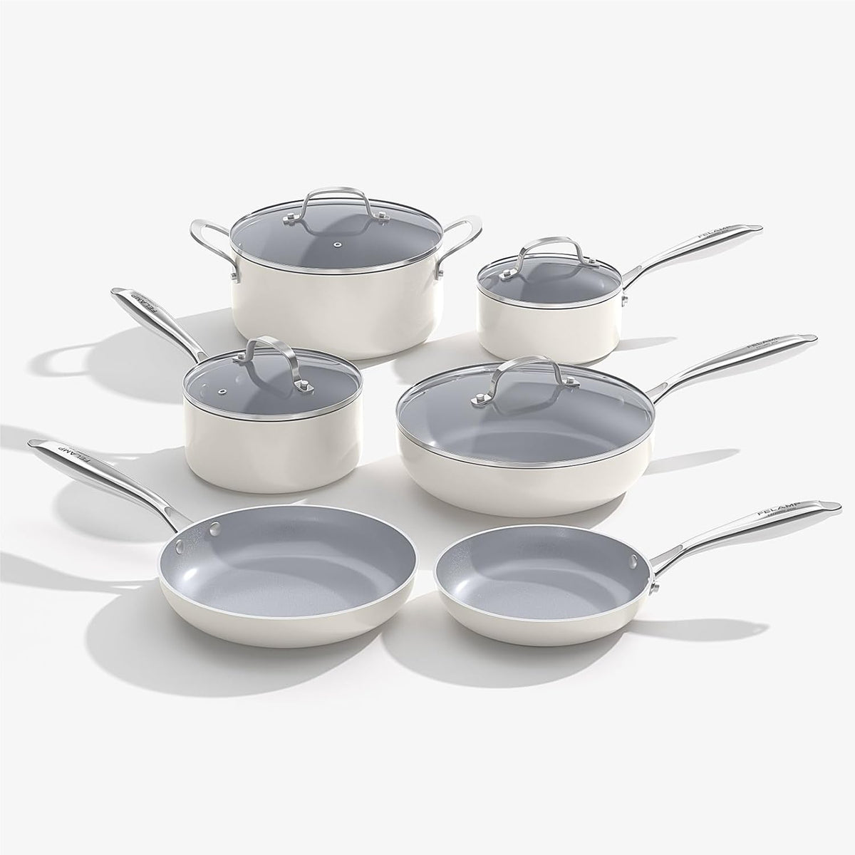 FELAMP Ceramic Nonstick Cookware Set, 10-Piece Non Toxic Pots and Pans Set with Glass Lids, PFOA-Free Healthy Kitchen Ware, Induction Compatible & Oven Safe, Easy Clean Dishwasher Safe - Cream White