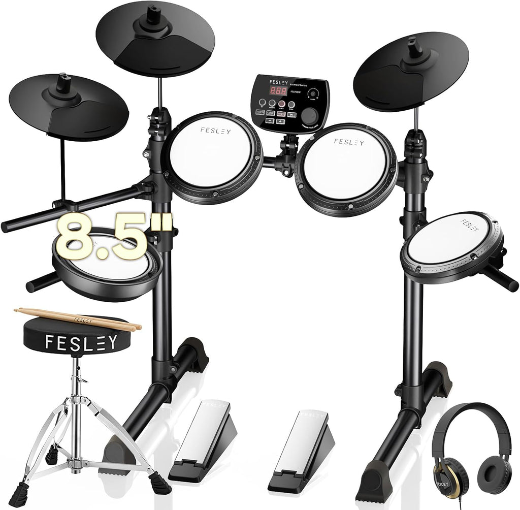 Fesley FED150 Electric Drum Set: Dual Zone Snare Drum, 2 Cymbals with Choke, 200 Sounds, 4 Quiet Mesh Drum Pads, Electronic Drum Set for Beginner, Bluetooth, MIDI, Throne, Headphone, Drum Sticks