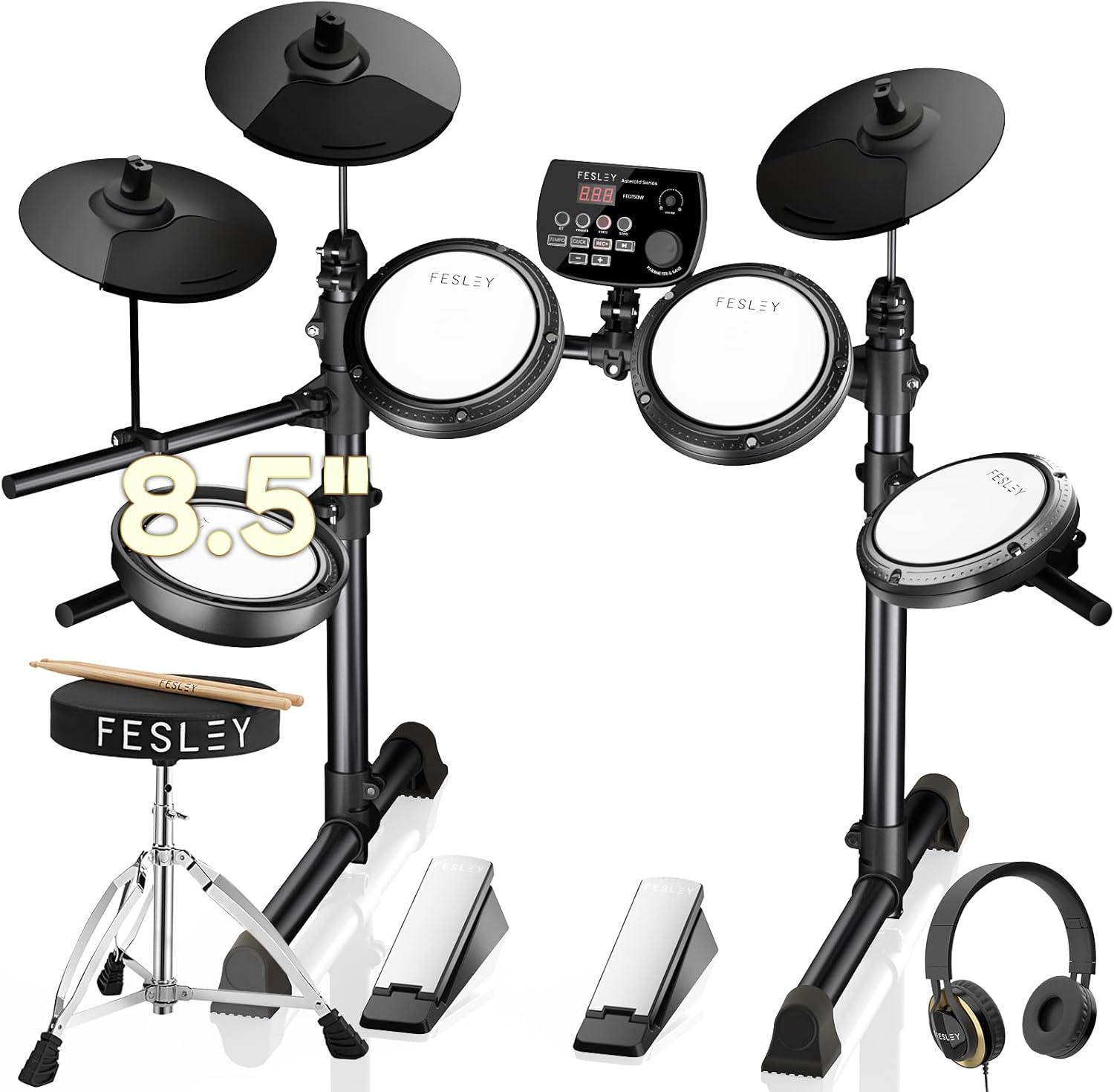 Fesley FED150 Electric Drum Set: Dual Zone Snare Drum, 2 Cymbals with Choke, 200 Sounds, 4 Quiet Mesh Drum Pads, Electronic Drum Set for Beginner, Bluetooth, MIDI, Throne, Headphone, Drum Sticks
